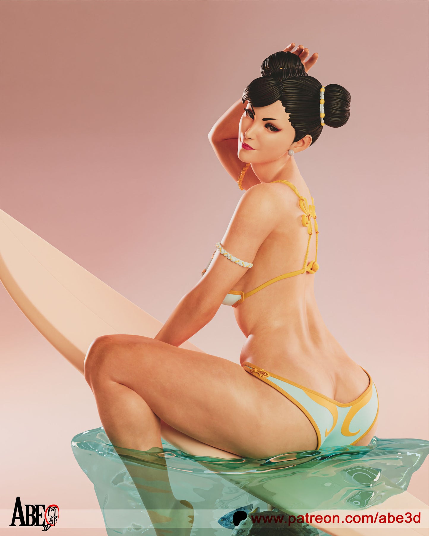 Chun-Li on Surf Board - Unassembled and Unpainted Garage Kit - Model Designed by Abe3d