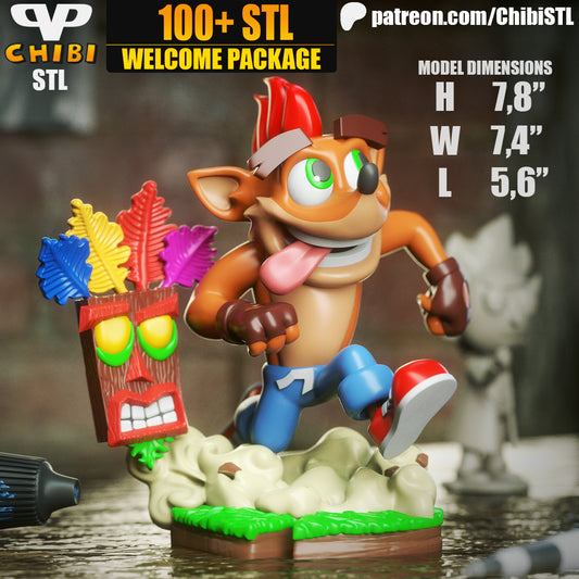 Chibi Crash Bandicoot and Aku Aku - Unassembled and Unpainted Garage Kit - Model Designed by ChibiSTL