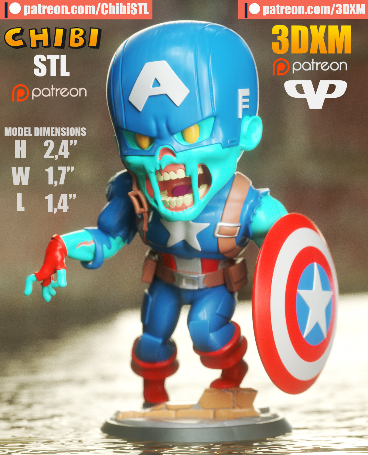 Zombie Captain America - Unassembled and Unpainted Garage Kit - Model Designed by ChibiSTL
